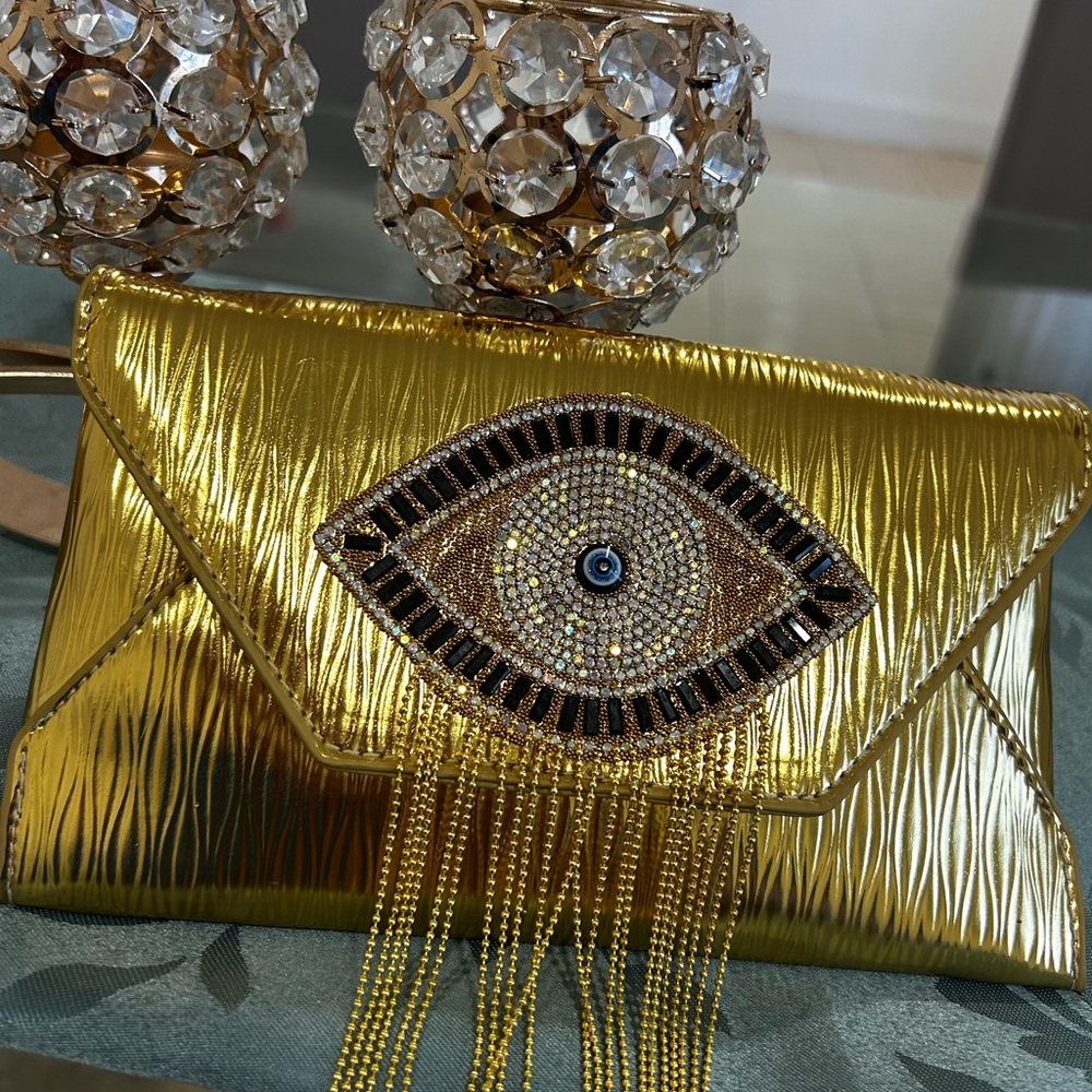 Gold Embellished Eye-Accent Clutch